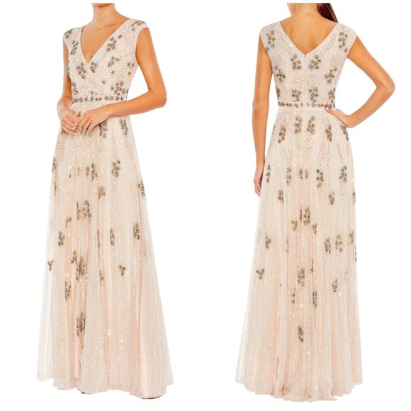 Mac Duggal NWT Embellished Wrap Over Cap Sleeve A-Line Gown Blush Size 6 Sequin
